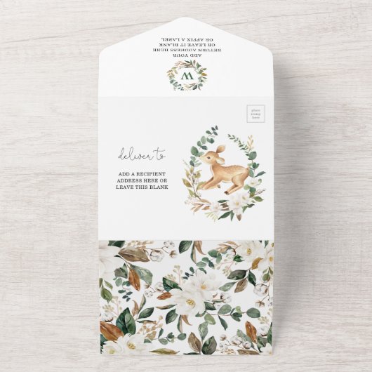 オーディア |甘い白いフローラ緑の赤ちゃんシャワー オールインワン招待状 (外側)