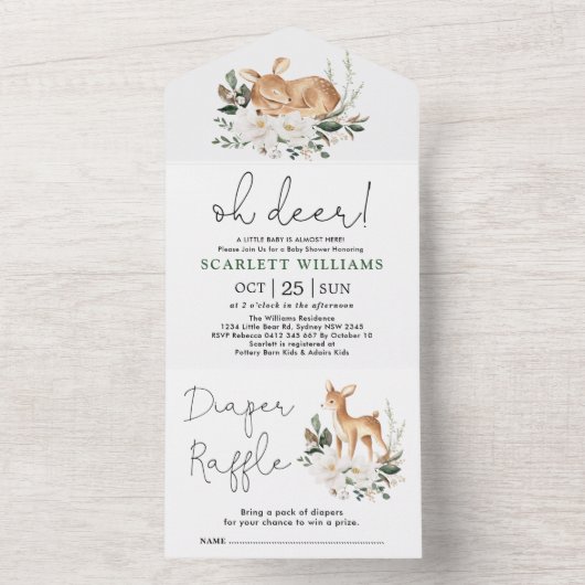 オーディア |甘い白いフローラ緑の赤ちゃんシャワー オールインワン招待状 (内側)