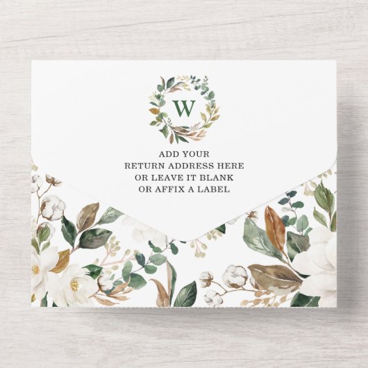 オーディア |甘い白いフローラ緑の赤ちゃんシャワー オールインワン招待状 (裏面)