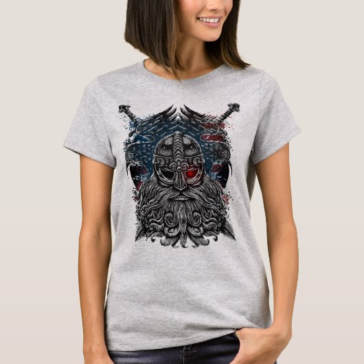 オーディンのワタリガラスと剣 バイキング神話 アメリカ国旗 Tシャツ (正面)