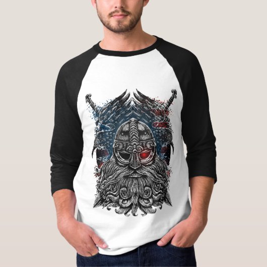 オーディンのワタリガラスと剣 バイキング神話 アメリカ国旗 Tシャツ (正面)