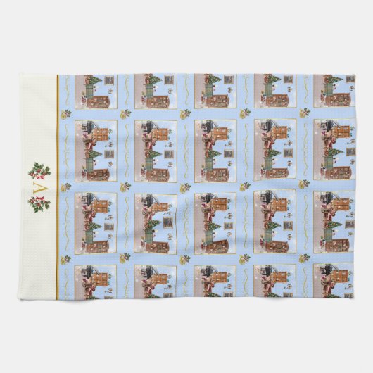 オーデザナツクラッカーブルーシーンアイボリーアクセント キッチンタオル (横)