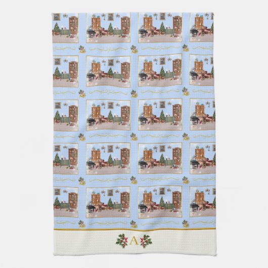 オーデザナツクラッカーブルーシーンアイボリーアクセント キッチンタオル (縦)