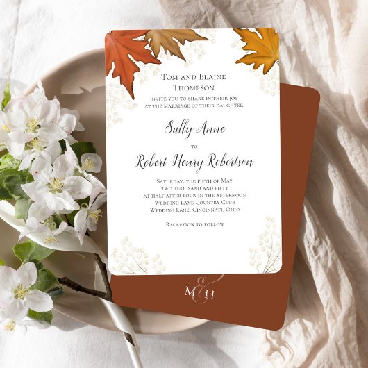オートゥムンフォールウォーターカラーリーフカスタムウェディング 招待状