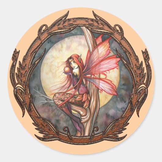 オートゥムンレッドの妖精ファンタジーアートステッカー ラウンドシール (正面)