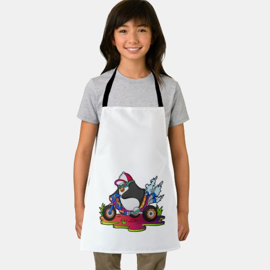 オートバイとバイクもしくは自転車に乗る人としてのペンギン エプロン (インサイチュ)