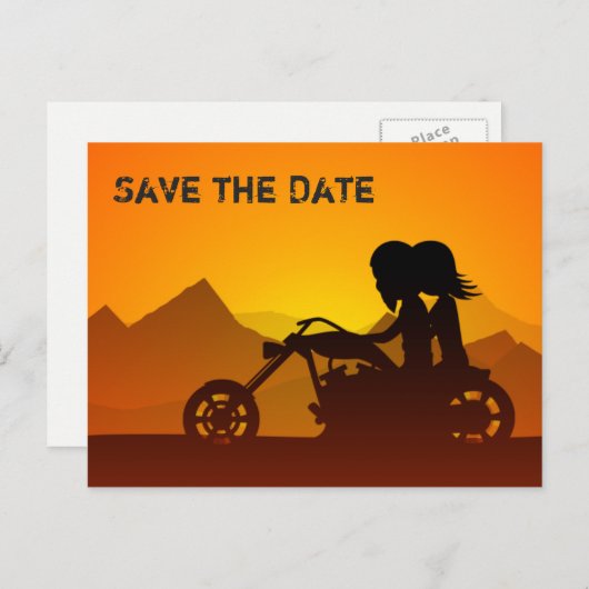 オートバイと山の結婚式の日付を保存 案内ポストカード (正面/裏面)