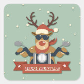 オートバイに乗るトナカイのサングラス スクエアシール (正面)