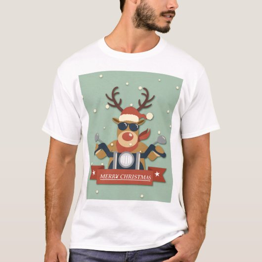 オートバイに乗るトナカイのサングラス Tシャツ (正面)