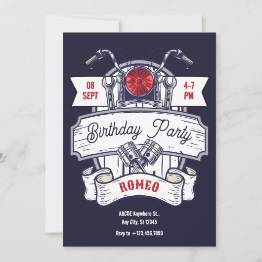 オートバイのガレージの象徴的な誕生日 招待状 (正面)