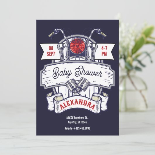 オートバイのガレージの象徴的な赤ちゃんシャワー 招待状 (スタンド正面)