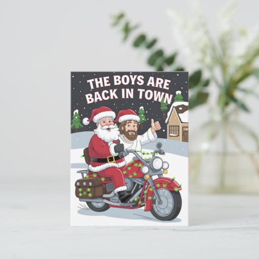 オートバイのクリスマスのクリスマスサンタおもしろいイエス ポストカード (スタンド正面)