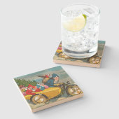 オートバイのクリスマスのヴィンテージサンタクロース ストーンコースター (横)