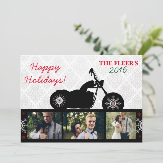 オートバイのクリスマスの写真カード|バイクもしくは自転車に乗る人の休日 シーズンカード (スタンド正面)