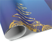 オートバイのクリスマスツリー金ゴールドとブルー ラッピングペーパー (ロールコーナー)
