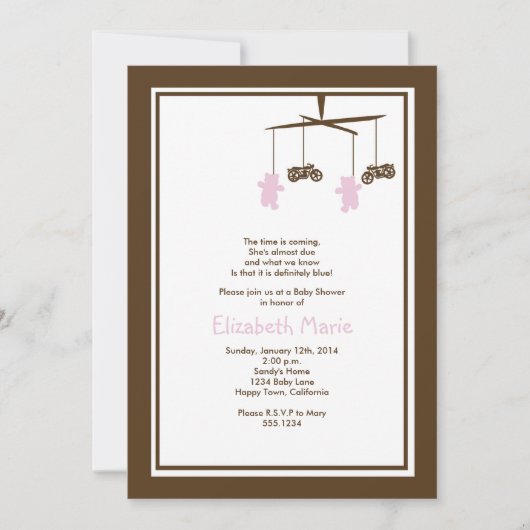 オートバイのベビーシャワーの招待状のピンク 招待状 (正面)