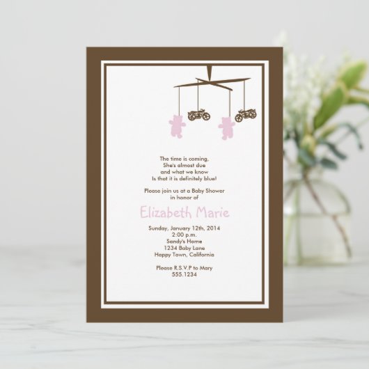 オートバイのベビーシャワーの招待状のピンク 招待状 (スタンド正面)