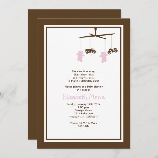 オートバイのベビーシャワーの招待状のピンク 招待状 (正面/裏面)