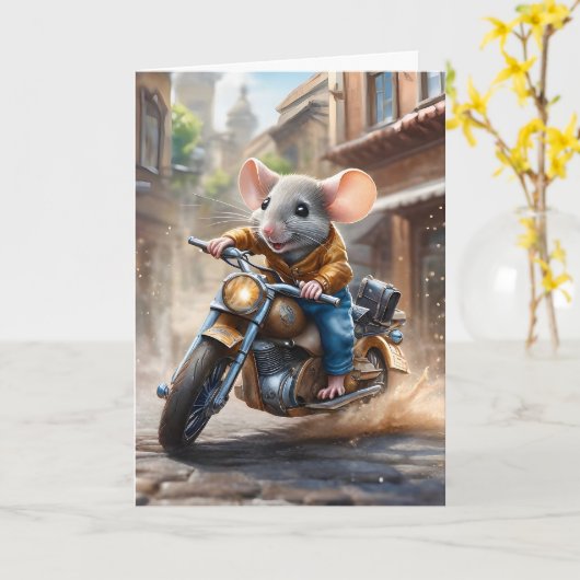 オートバイの挨拶に乗ってかわいい空白のマウス カード (黄色い花)