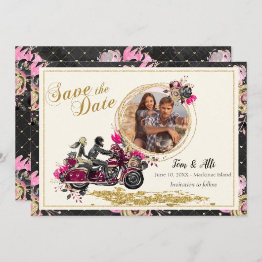 オートバイの結婚式の写真の保存日付 招待状 (正面/裏面)