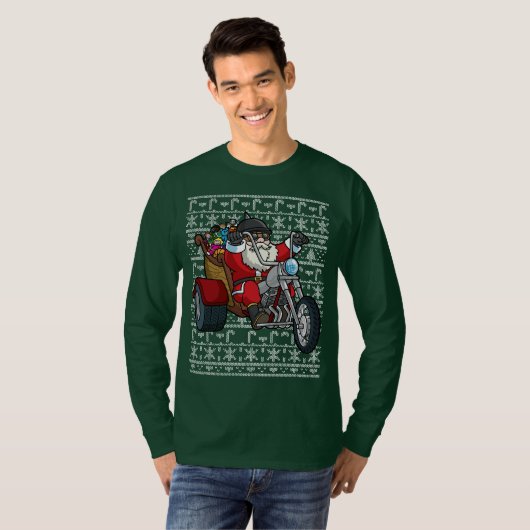 オートバイの醜いクリスマスのセーターサンタクロース Tシャツ (正面フル)