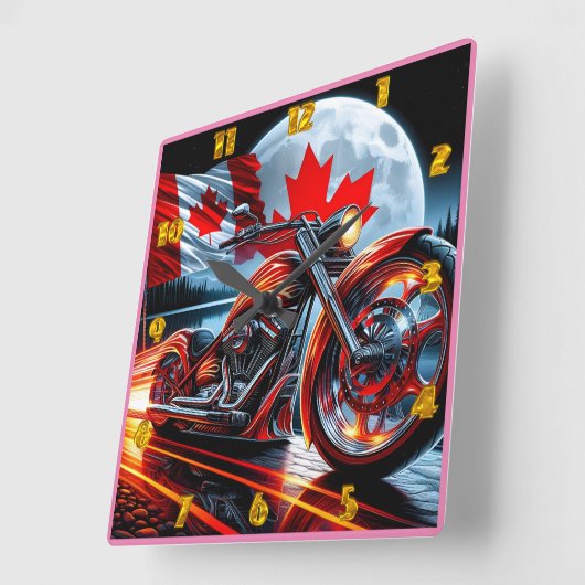 オートバイは夜はカナダ国旗で輝く スクエア壁時計 (傾斜)