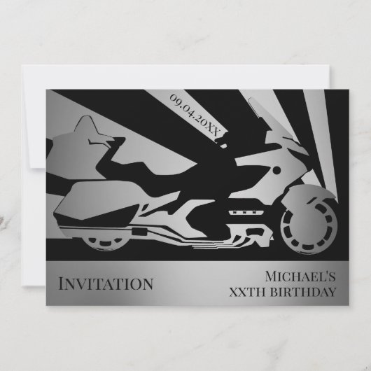オートバイをテーマにした誕生日イベントシルバー招待状 招待状 (正面)