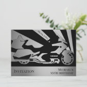 オートバイをテーマにした誕生日イベントシルバー招待状 招待状 (スタンド正面)