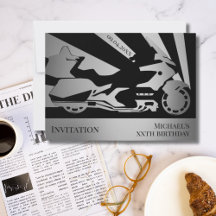 オートバイをテーマにした誕生日イベントシルバー招待状