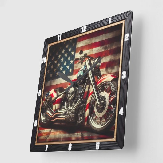 オートバイアメリカ国旗の愛国心 スクエア壁時計 (傾斜)