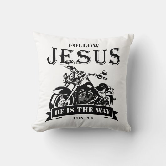 オートバイクリスチャンバイクもしくは自転車に乗る人ジョン14:6後を追イエス クッション (正面)
