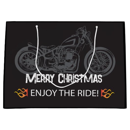 オートバイクリスマスブラッククラシック ラージペーパーバッグ (正面)