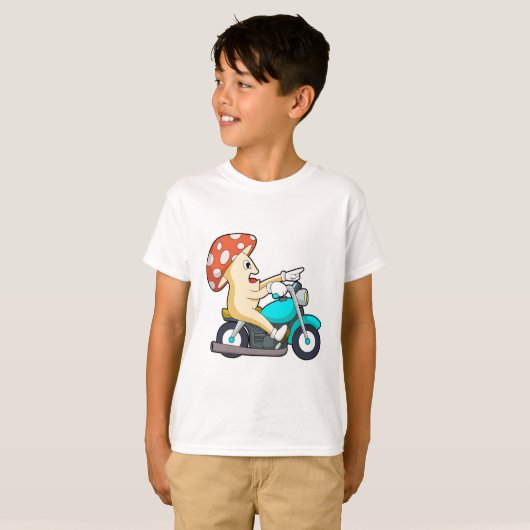 オートバイバイクもしくは自転車に乗る人のキノコ Tシャツ (正面フル)