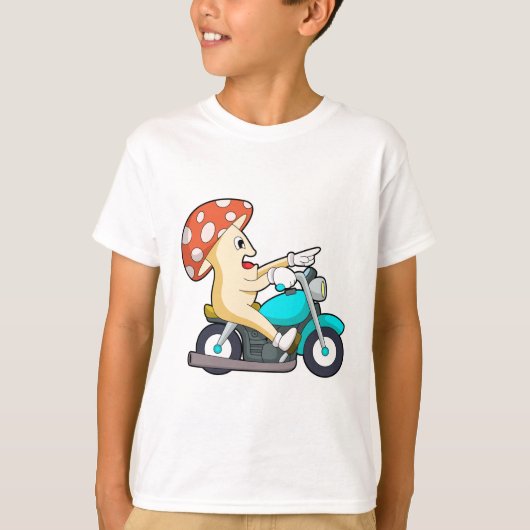 オートバイバイクもしくは自転車に乗る人のキノコ Tシャツ (正面)
