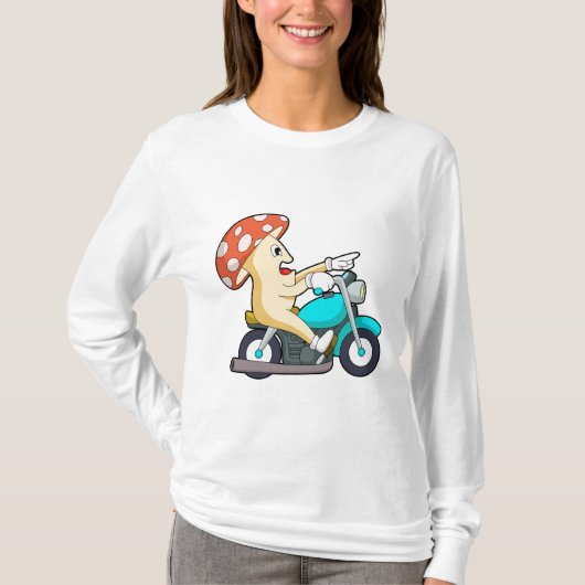 オートバイバイクもしくは自転車に乗る人のキノコ Tシャツ (正面)