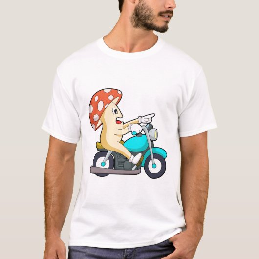 オートバイバイクもしくは自転車に乗る人のキノコ Tシャツ (正面)