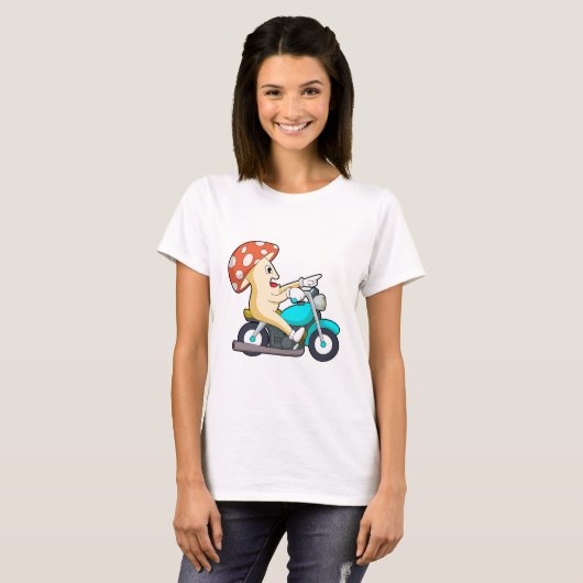 オートバイバイクもしくは自転車に乗る人のキノコ Tシャツ (正面フル)