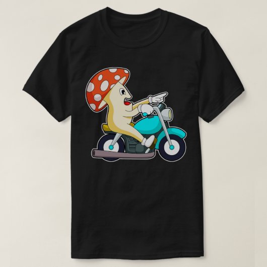 オートバイバイクもしくは自転車に乗る人のキノコ Tシャツ (デザイン正面)