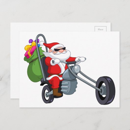 オートバイバイクもしくは自転車に乗る人サンタクロース シーズンポストカード (正面/裏面)