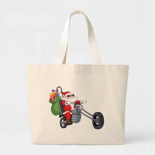オートバイバイクもしくは自転車に乗る人サンタクロース ラージトートバッグ (正面)
