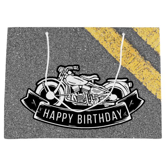 オートバイバイクもしくは自転車に乗る人ハッピーバースデーパーティーデコール ラージペーパーバッグ (正面)