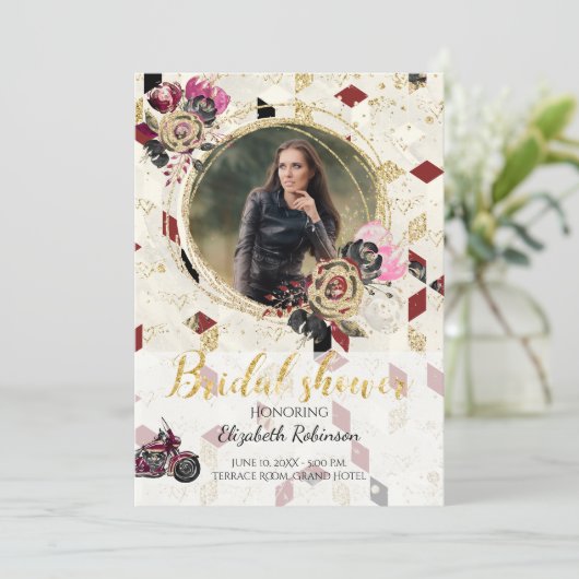 オートバイバイクもしくは自転車に乗る人フォトブライダルシャワー招待 招待状 (スタンド正面)