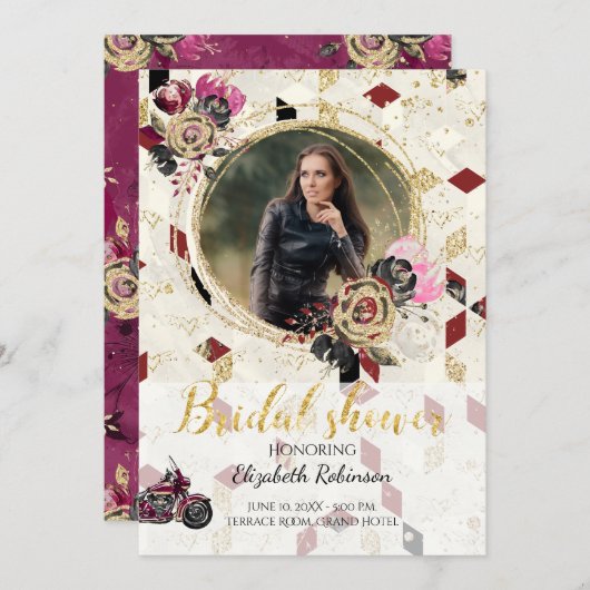 オートバイバイクもしくは自転車に乗る人フォトブライダルシャワー招待 招待状 (正面/裏面)