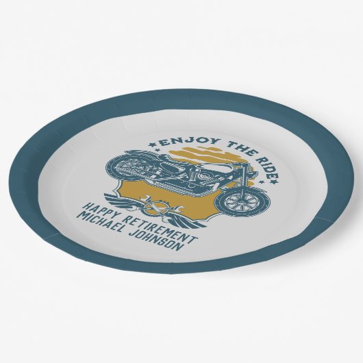 オートバイリタイアメントパーティの招待状 ペーパープレート (アングル)