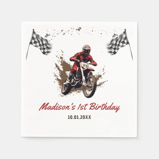 オートバイレッドダートバイクバースデーパーティナプキンス スタンダードカクテルナプキン (正面)