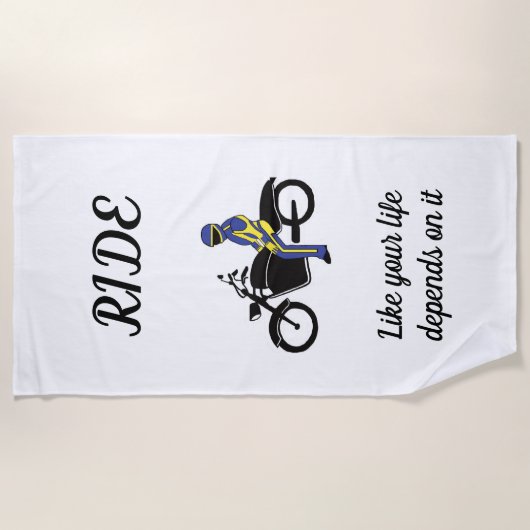 オートバイレースのブルー&イエローレザー ビーチタオル (正面)