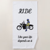 オートバイレースのブルー&イエローレザー ビーチタオル (正面)