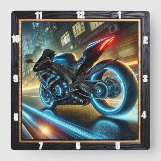 オートバイ白熱［赤熱］光を放つネオンライツアーバン通り スクエア壁時計 (正面)