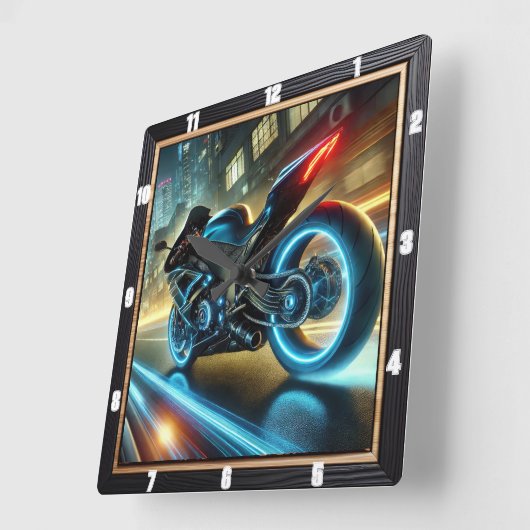 オートバイ白熱［赤熱］光を放つネオンライツアーバン通り スクエア壁時計 (傾斜)