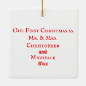 オートバイ私たちの最初のクリスマスはミスターとミセス結婚ズとして セラミックオーナメント (裏面)